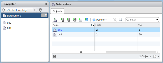 vSphere web client showing Datacenters
