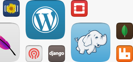 Grid of juju charm icons including wordpress, hadoop, django, MySQL, MongoDB and OpenStack