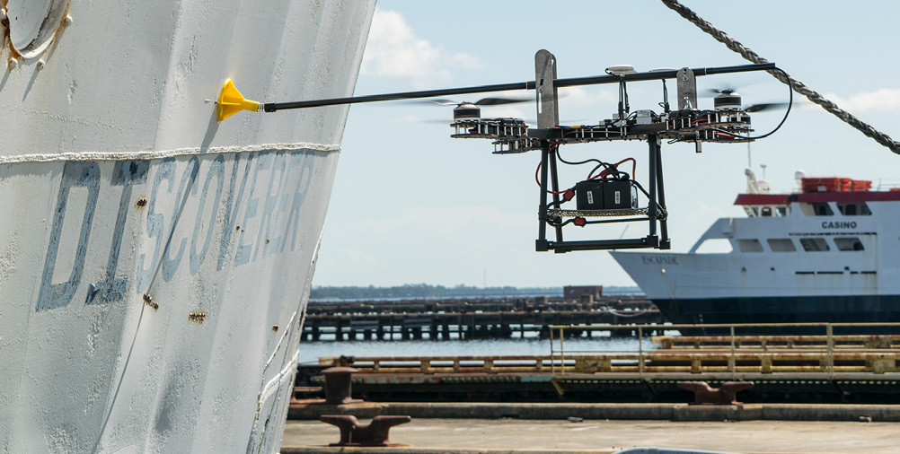 Ubuntu industrial drone inspecting a ship