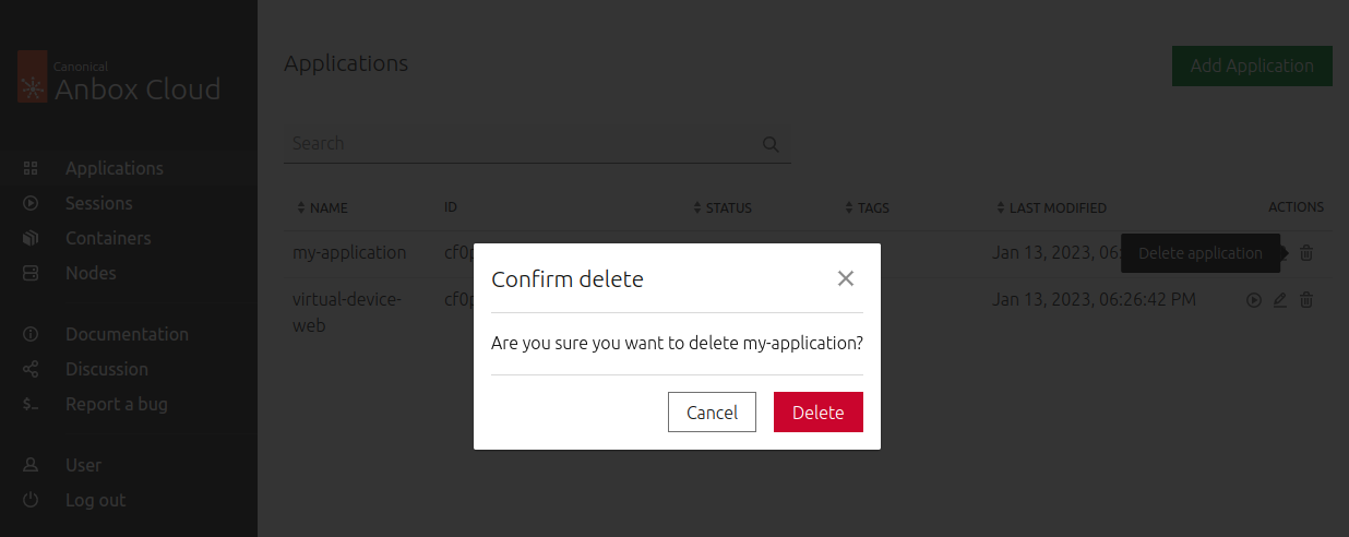 Delete an application