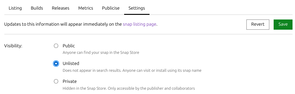 Snap Store settings tab