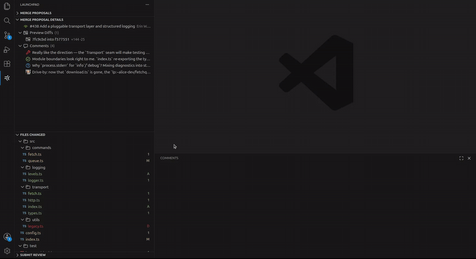 Reading published inline comments and drafting new ones on the diff