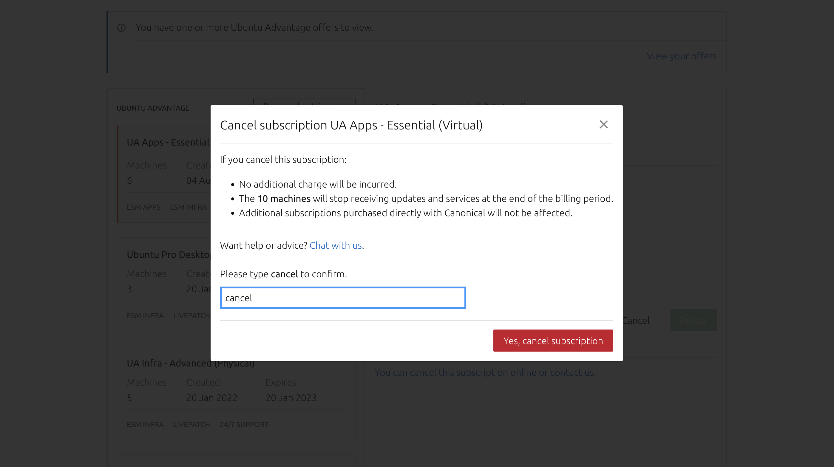 Example of negative button in modal to cancel subscription