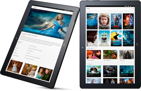 Two tablets running Ubuntu displaying a selection of films