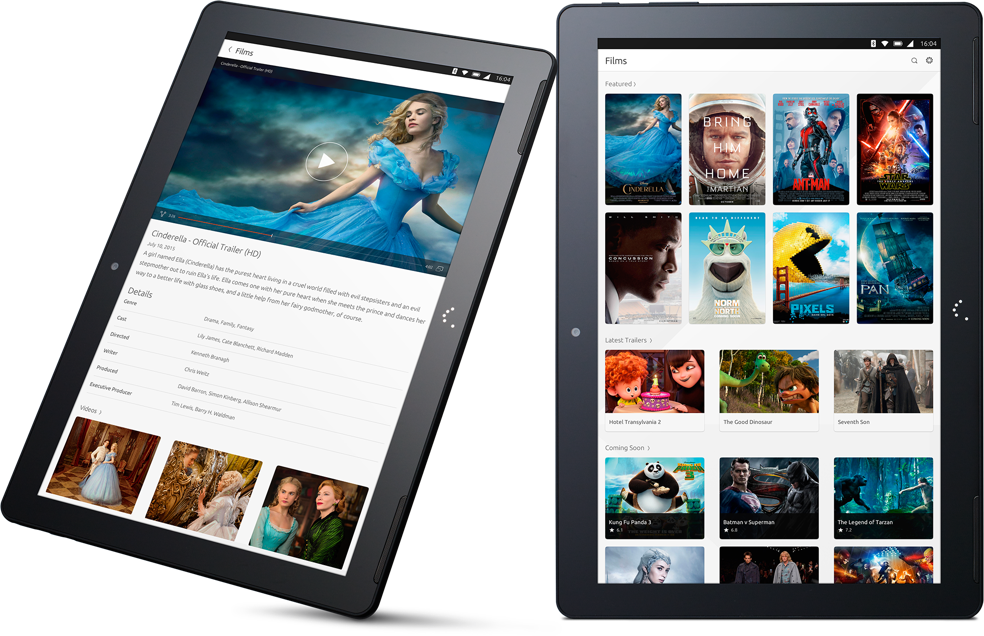 Two tablets running Ubuntu displaying a selection of films
