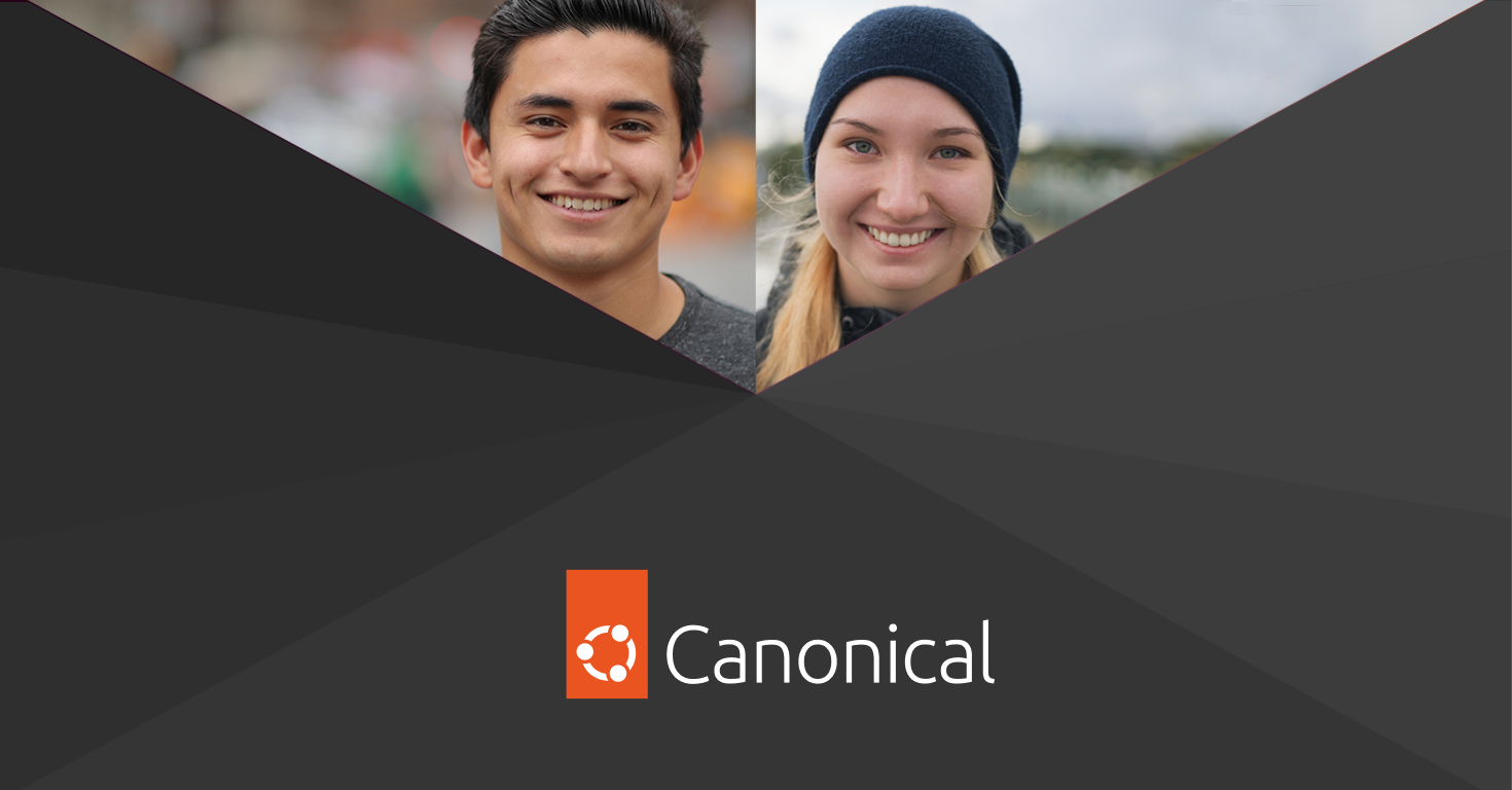 Canonical careers page social media preview image, two people smiling with a Canonical logomark.