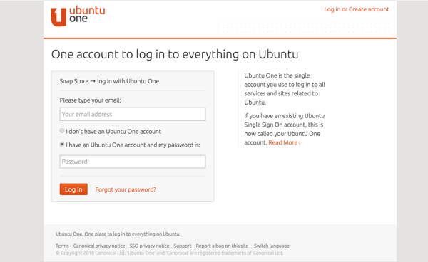 Ubuntu one Snap store login screen