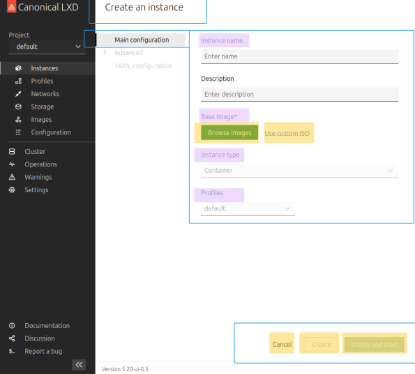 A capture of a form of the LXD UI, including the app side navigation. The context relevant for an error message is outlined on the screenshot.