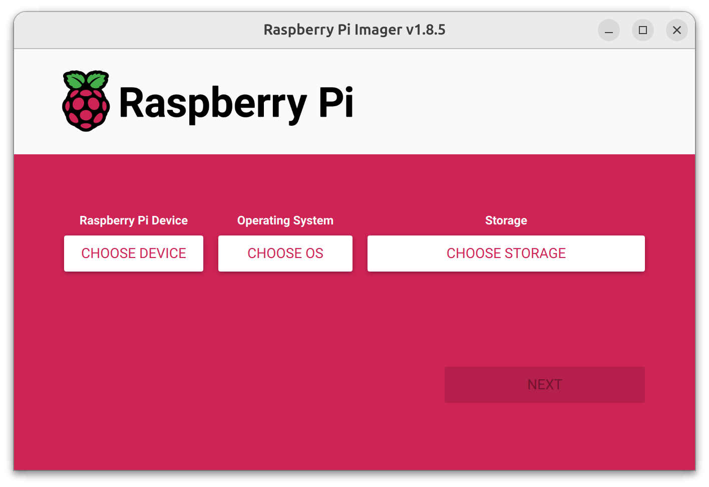 Screenshot of the Raspberry Pi Imager, with three buttons letting you choose the Raspberry Pi device, operating system and storage where to write the image