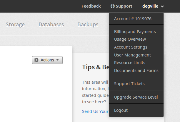 Rackspace control panel showing tenant id