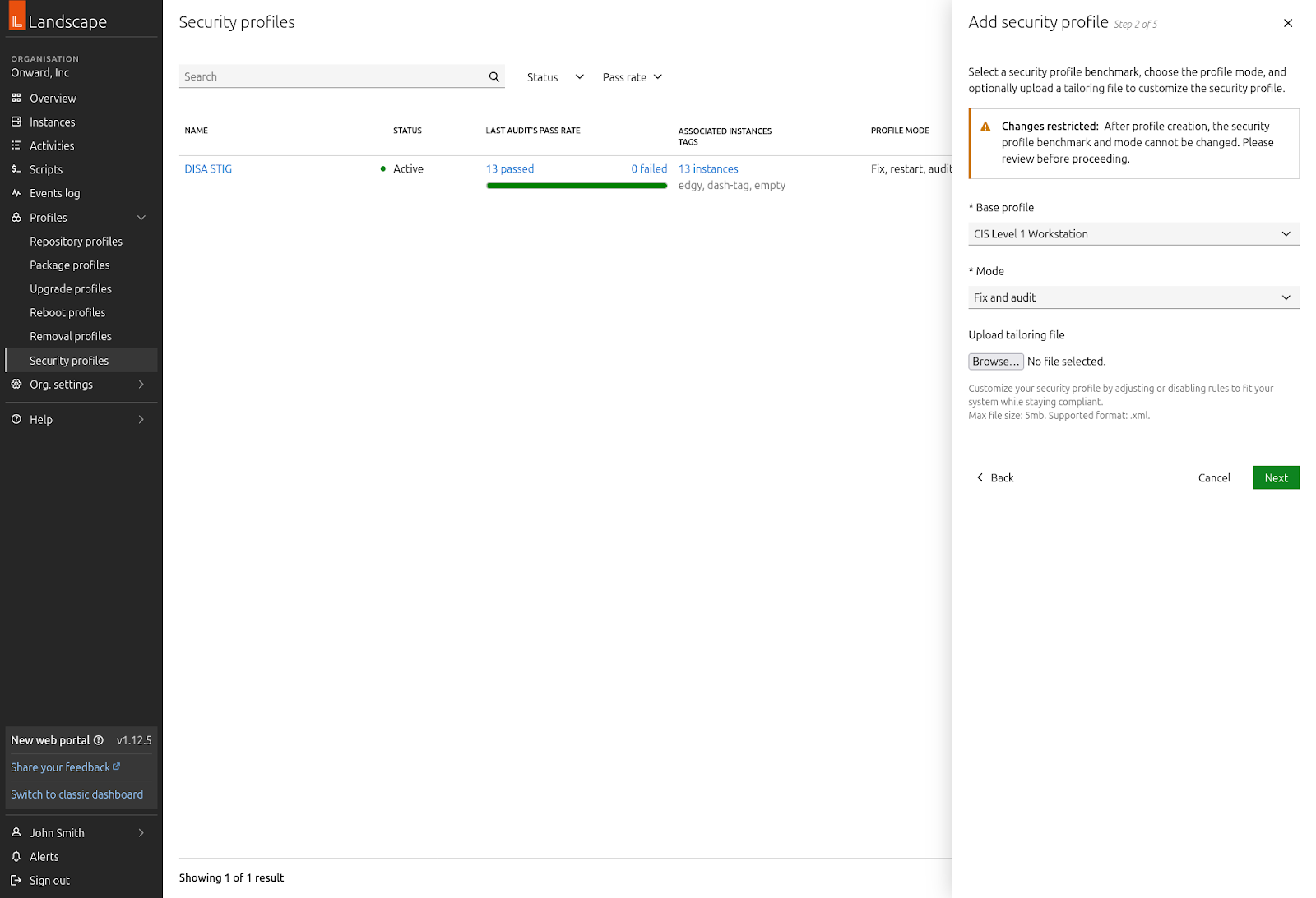 Security profiles screen